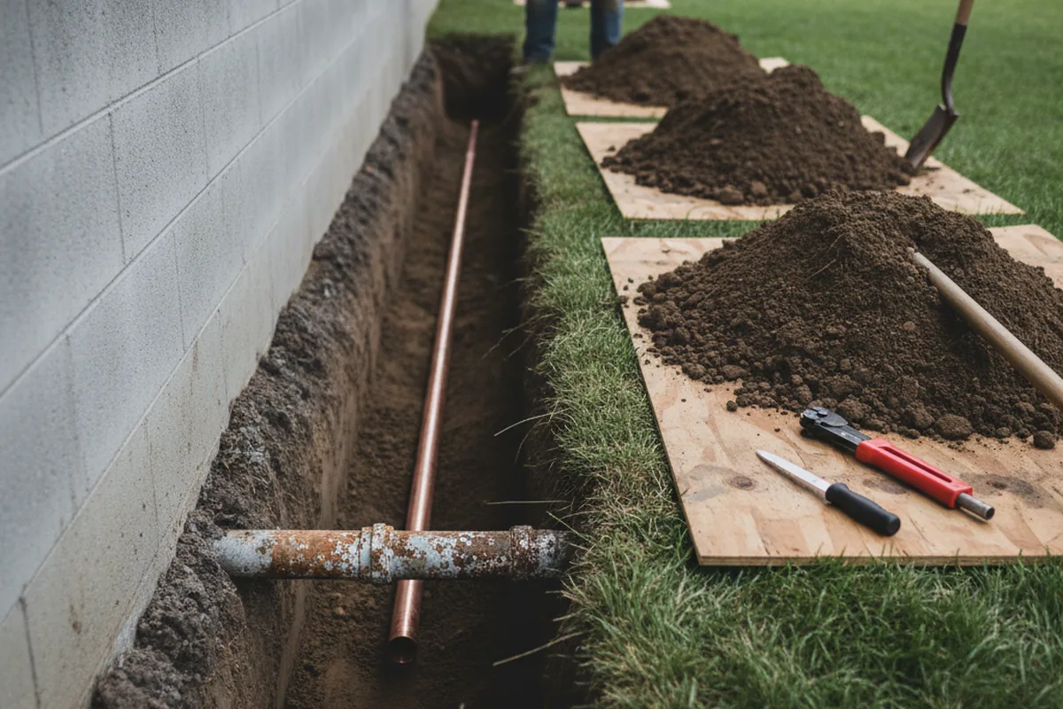 Excavated water line trench during Water Softener Installation in Pine Brook